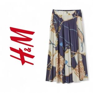 H&M Navy Cream Strap Tassel Print Pleated MIDI Skirt